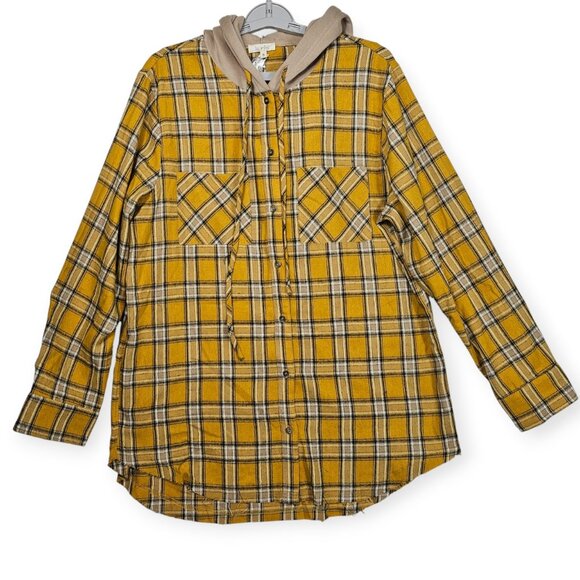LA MIEL Tops - La Miel Mustard Yellow Plaid Button-Up Hooded Shirt Size S Long Sleeve Casual